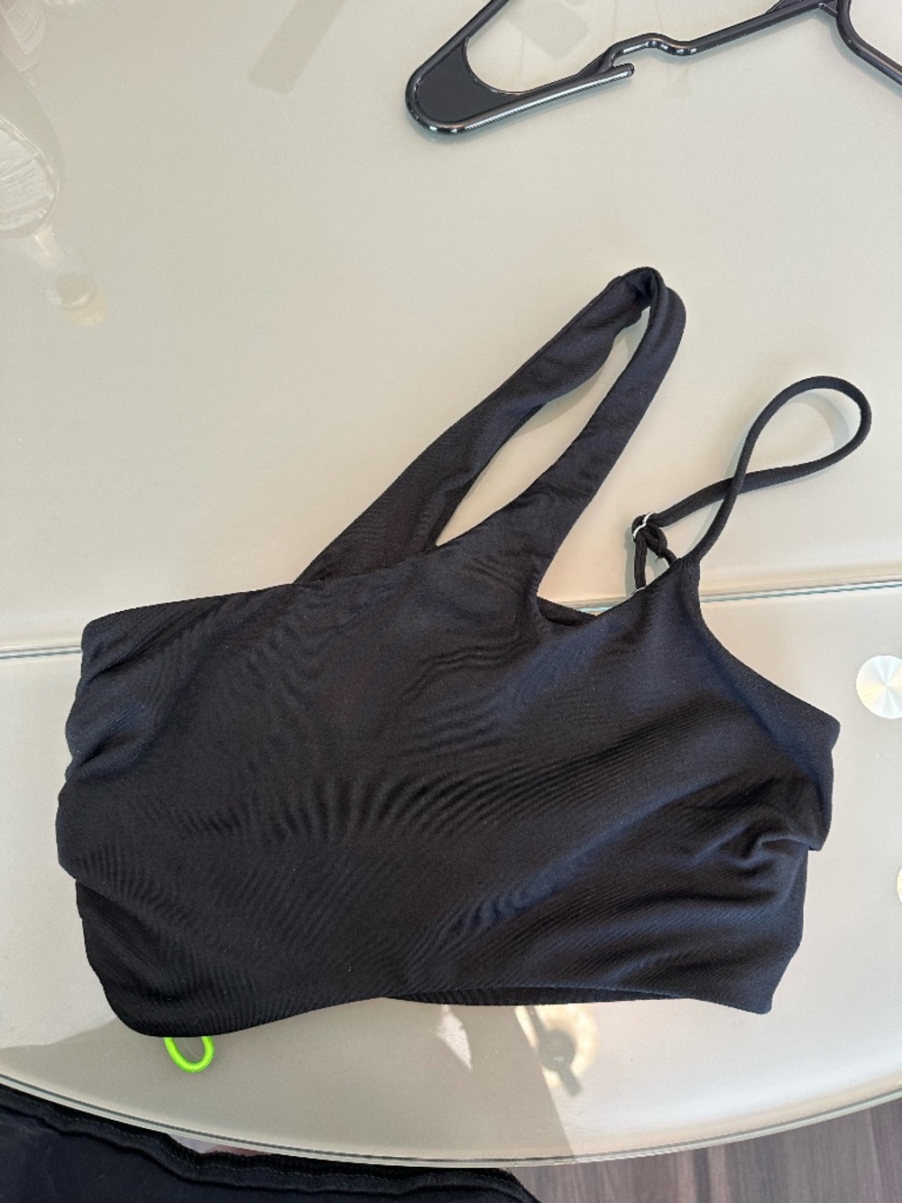 Bombshell Sportswear Black Asymmetrical One Shoulder Sports Bra Scrunch Back